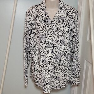 Lands' End Black and White Floral Ikat Print Button Down Shirt Sz 14